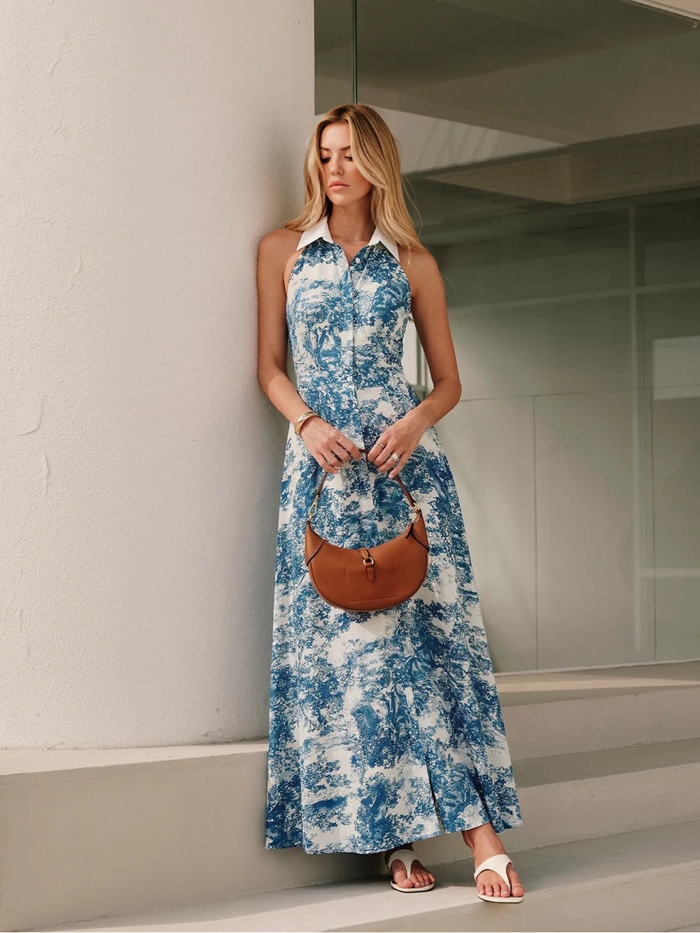 Commense Blue Toile Halter Dress